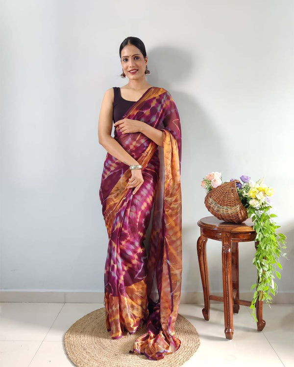 Marron Color 1-Minute Ready To Wear Georgette Saree With Blouse Piece