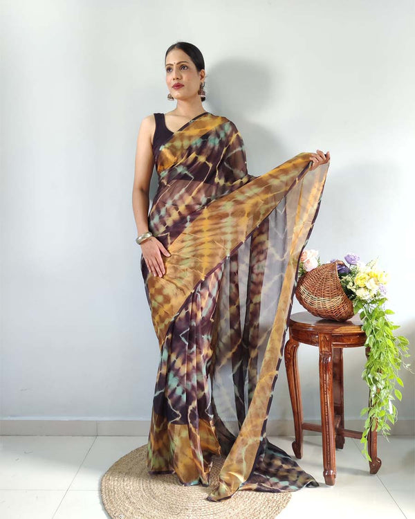 Black And Coffee Color 1-Minute Ready To Wear Georgette Saree With Blouse Piece