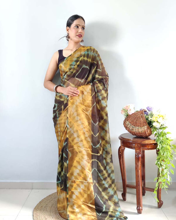 Black And Yellow Color 1-Minute Ready To Wear Georgette Saree With Blouse Piece