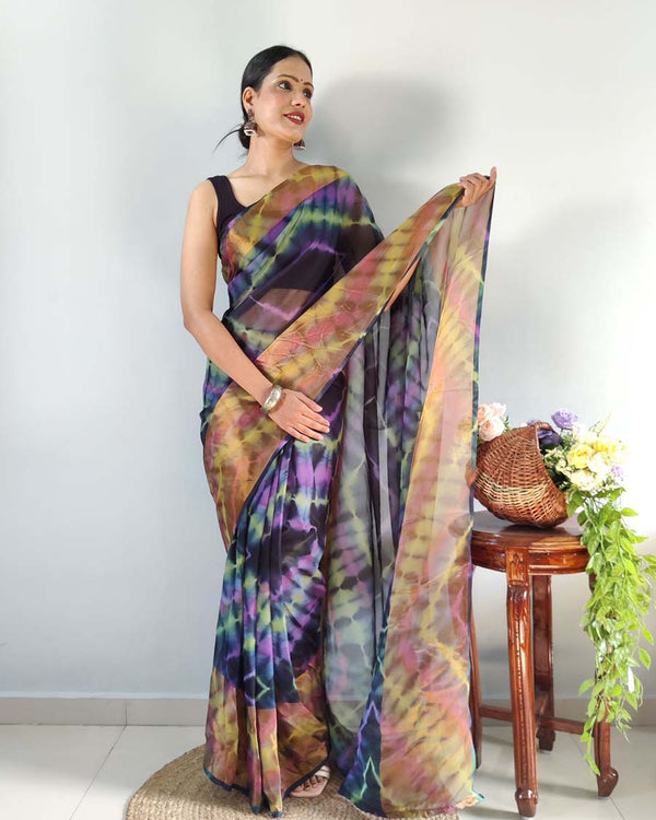 Multi Color 1-Minute Ready To Wear Georgette Saree With Blouse Piece