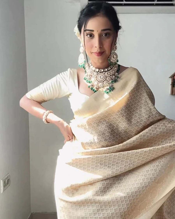 Cream Color Ready To Wear Soft Banarasi Silk Saree With Golden Zari Work