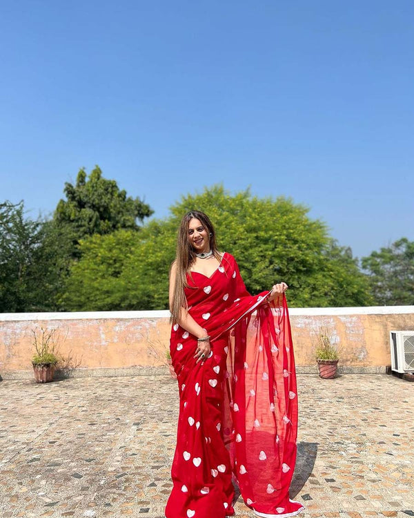 Red Color 1-Minute Ready To Wear Georgette Saree With Blouse Piece