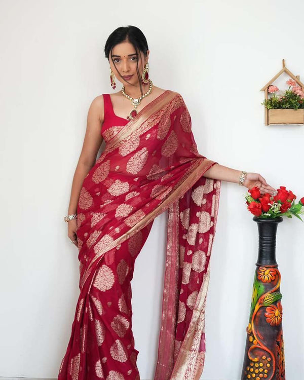 Red Color Ready To Wear Soft Banarasi Silk Saree With Golden Zari Work