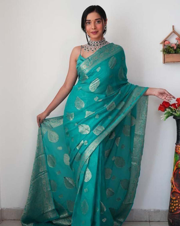 Bottle Green Color 1 Minute Ready To Wear Soft Banarasi Silk Saree With Golden Zari Work