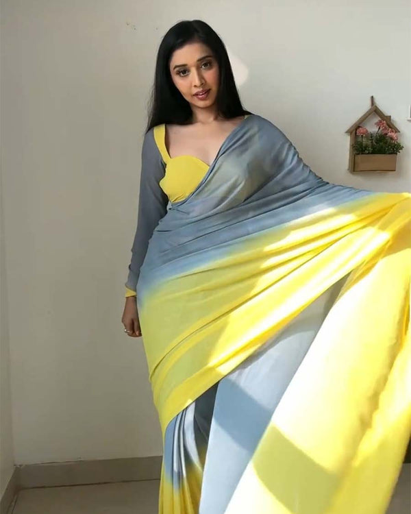Yellow And Grey Color 1-Minute Ready To Wear Georgette Saree With Blouse Piece