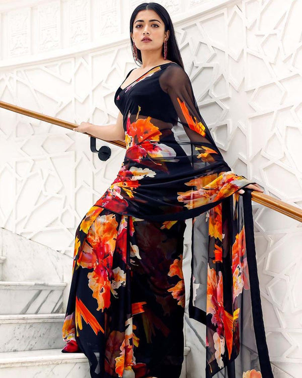 Black Color 1-Minute Ready To Wear Georgette Saree With Blouse Piece