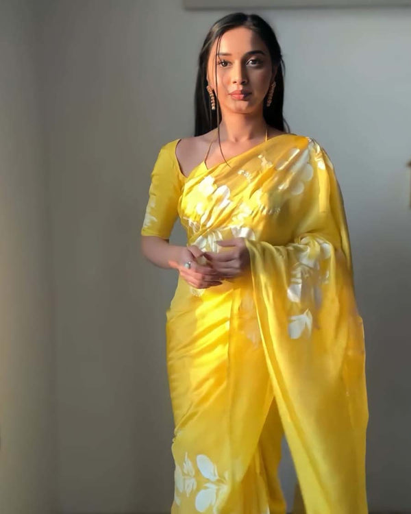Yellow Color 1-Minute Ready To Wear Georgette Saree With Blouse Piece