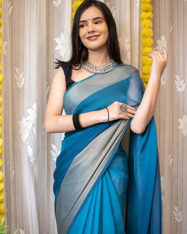 Rama Color 1-Minute Ready To Wear Georgette Saree With Blouse Piece Q