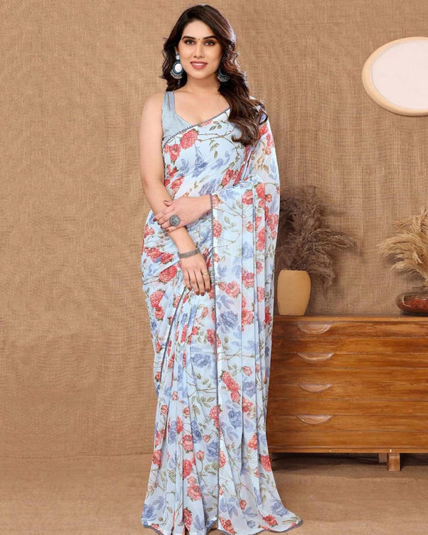 Light Grey Color 1-Minute Ready To Wear Georgette Saree With Blouse Piece