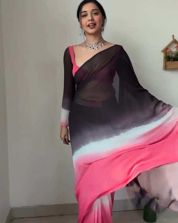 Black Color 1-Minute Ready To Wear Georgette Saree With Blouse Piece