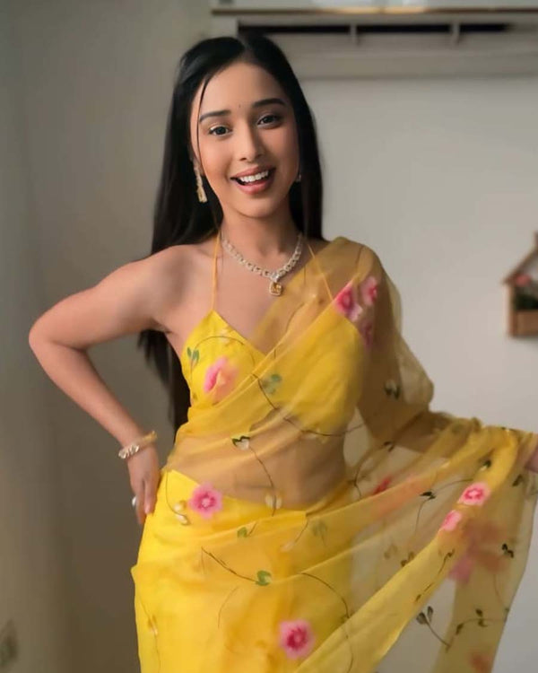 Yellow Color 1-Minute Ready To Wear Organza Saree With Blouse Piece