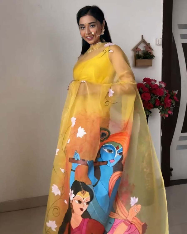 Yellow Color 1-Minute Ready To Wear Organza Saree With Blouse Piece