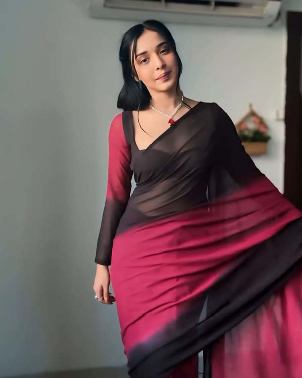 Black And Marron Color 1-Minute Ready To Wear Georgette Saree With Blouse Piece