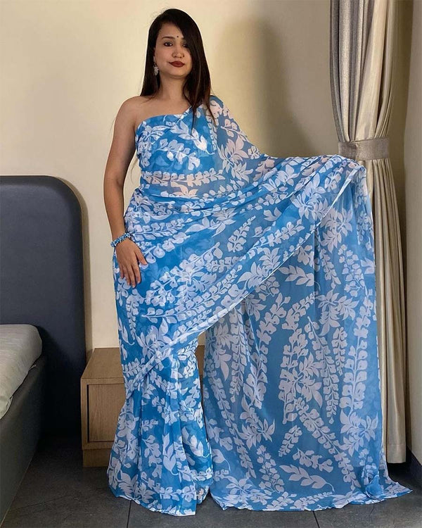 Sky Blue Color 1-Minute Ready To Wear Georgette Saree With Blouse Piece