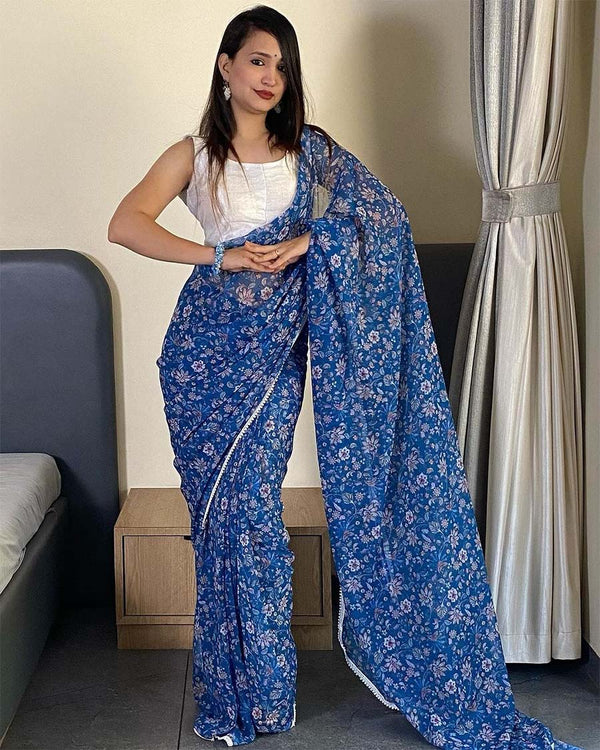 Rama Color 1-Minute Ready To Wear Georgette Saree With Blouse Piece