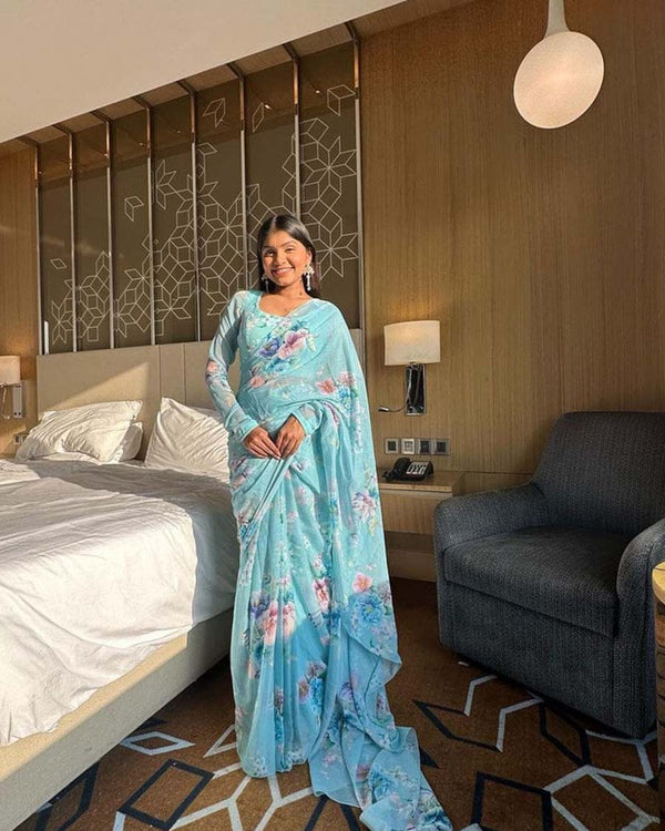 Sky Blue Color 1-Minute Ready To Wear Georgette Saree With Blouse Piece