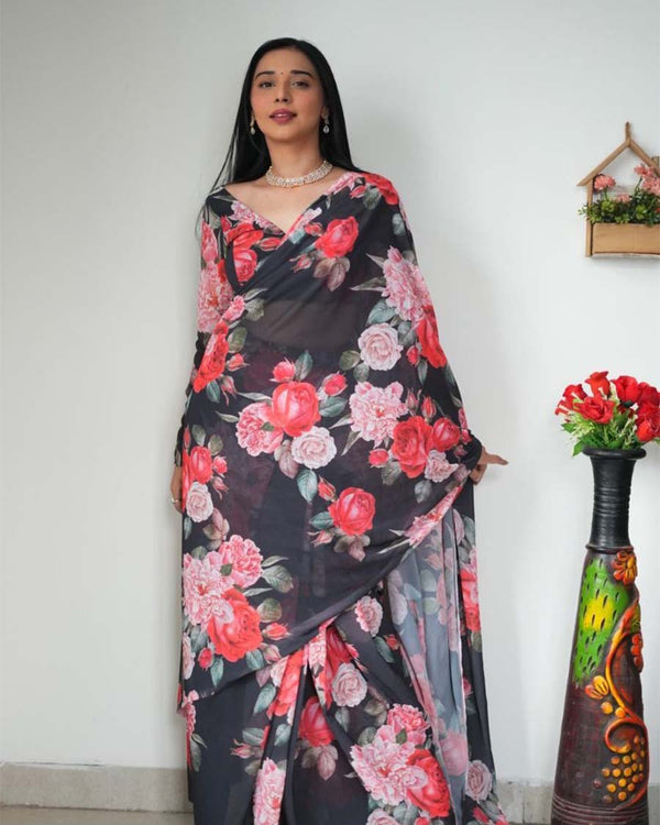 Black Colour 1-Minute Ready To Wear Georgette Saree With Blouse Piece