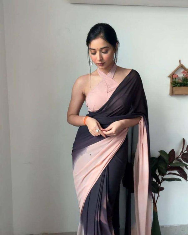 Black Colour 1-Minute Ready To Wear Georgette Saree With Blouse Piece
