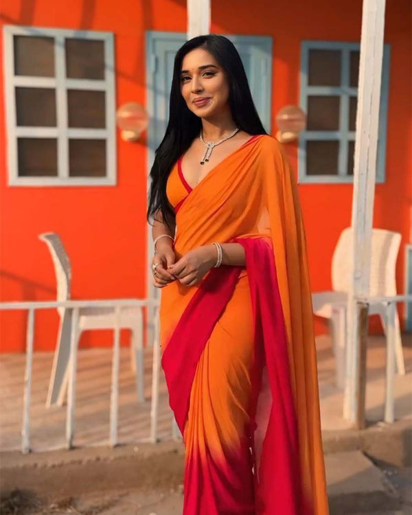Orange Colour 1-Minute Ready To Wear Georgette Saree With Blouse Piece