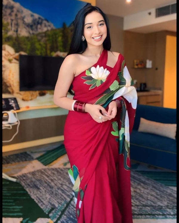 Red Colour 1-Minute Ready To Wear Georgette Saree With Blouse Piece