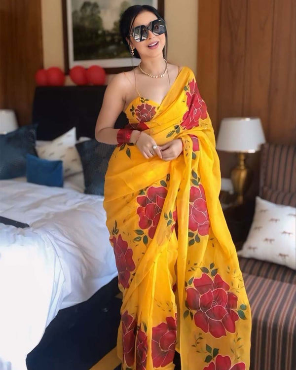Yellow Colour 1-Minute Ready To Wear Georgette Saree With Blouse Piece