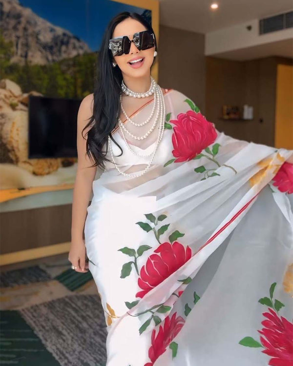 White Colour 1-Minute Ready To Wear Georgette Saree With Blouse Piece