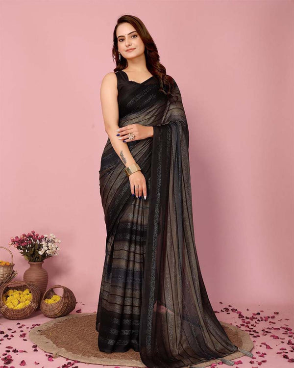 Black Color 1-Minute Ready To Wear Georgette  Saree With Blouse Piece
