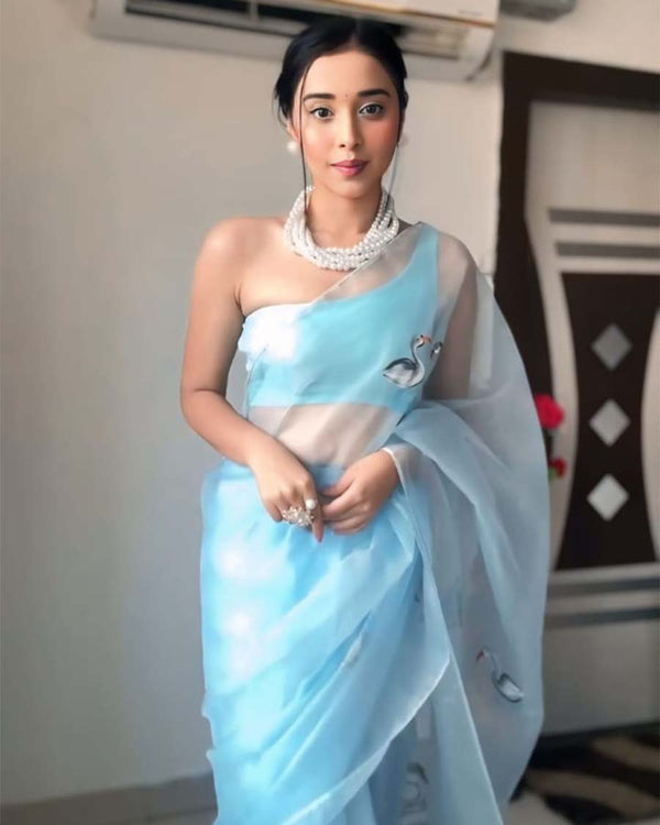 Sky Blue Color 1-Minute Ready To Wear Organza Saree With Blouse Piece
