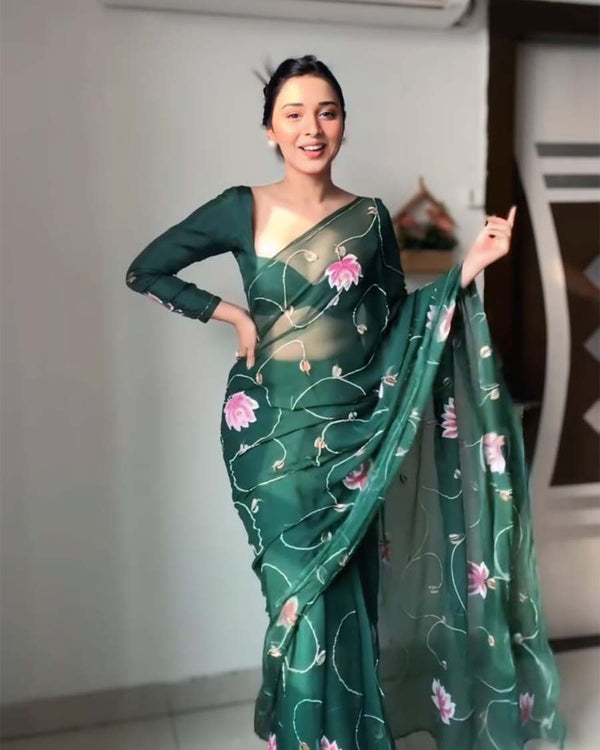 Green Color 1-Minute Ready To Wear Organza Saree With Blouse Piece