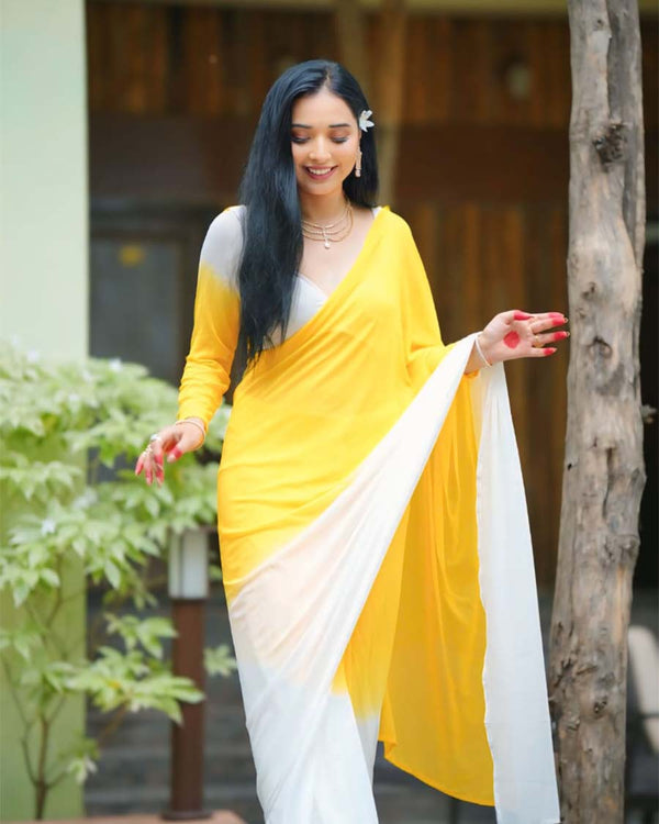 Dual Colour 1-Minute Ready To Wear Georgette Saree With Blouse Piece