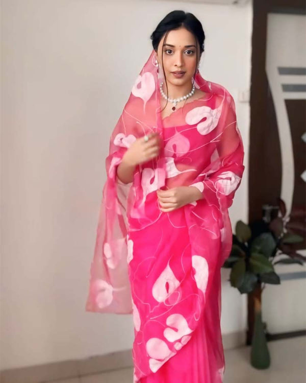 Pink Color 1-Minute Ready To Wear Organza Saree With Blouse Piece