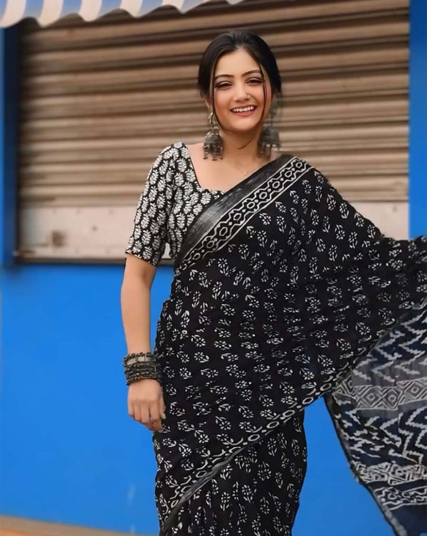 Black Color 1-Minute Ready To Wear Georgette Saree With Blouse Piece