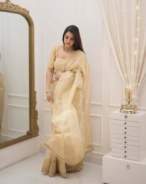 Cream Color Pure Cotton Silk Saree with Lace Border & Blouse Piece