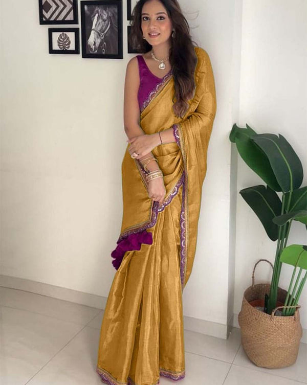 Brown Color Soft Chinnon Silk Saree with Lace Border & Blouse Piece