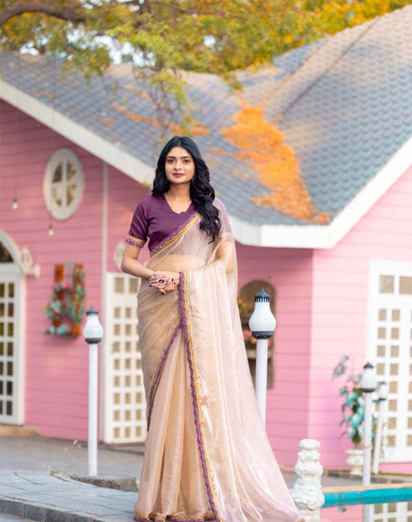 Cream Color Soft Chinnon Silk Saree with Lace Border & Blouse Piece
