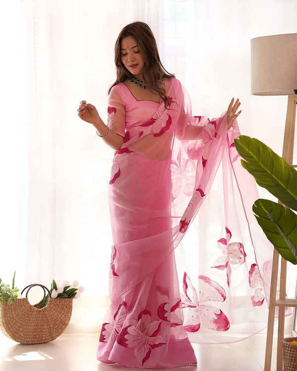 Light Pink Color 1-Minute Ready To Wear Organza Saree With Blouse Piece