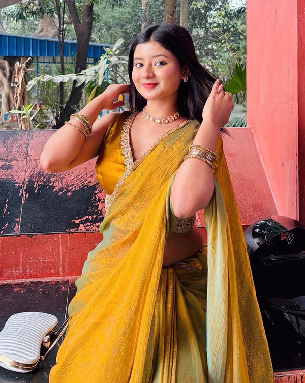 Green Color Soft Fendy Silk Saree with Handwork Lace Border & Blouse Piece