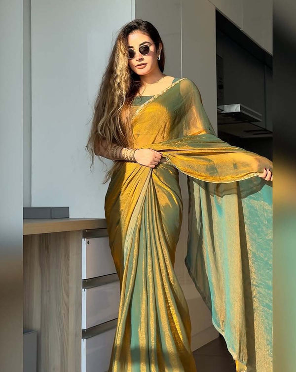 Green Color Soft Fendy Silk Saree with Handwork Lace Border & Stitched Blouse