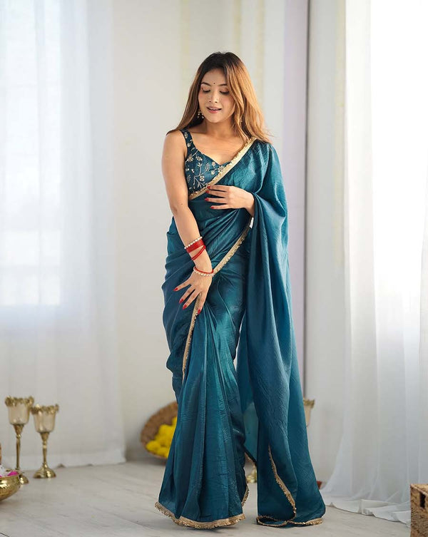 Rama Color 1-Minute Ready To Wear Soft Gold Crush Silk Saree with Lace Border & Stitched Blouse