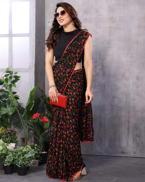 Dual Color 1-Minute Ready To Wear Georgette Saree With Blouse Piece
