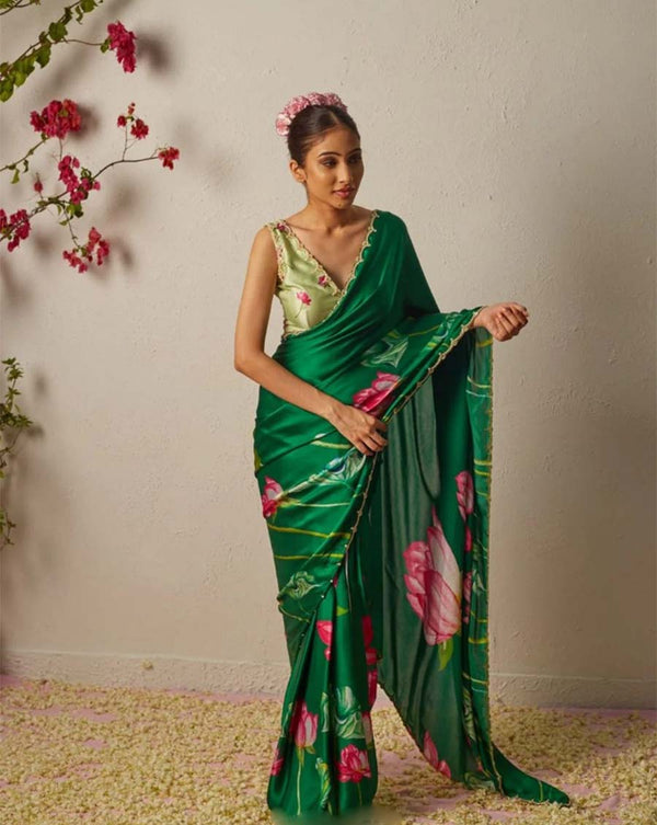 Green Color 1-Minute Ready To Wear Organza Silk Saree with Moti Embroidery Work & Stitched Blouse