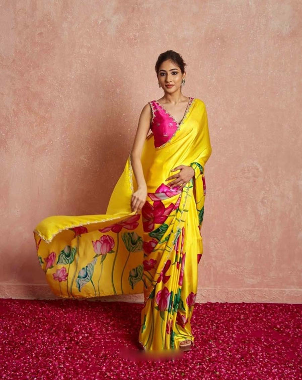 Yellow Color 1-Minute Ready To Wear Organza Silk Saree with Moti Embroidery Work & Stitched Blouse
