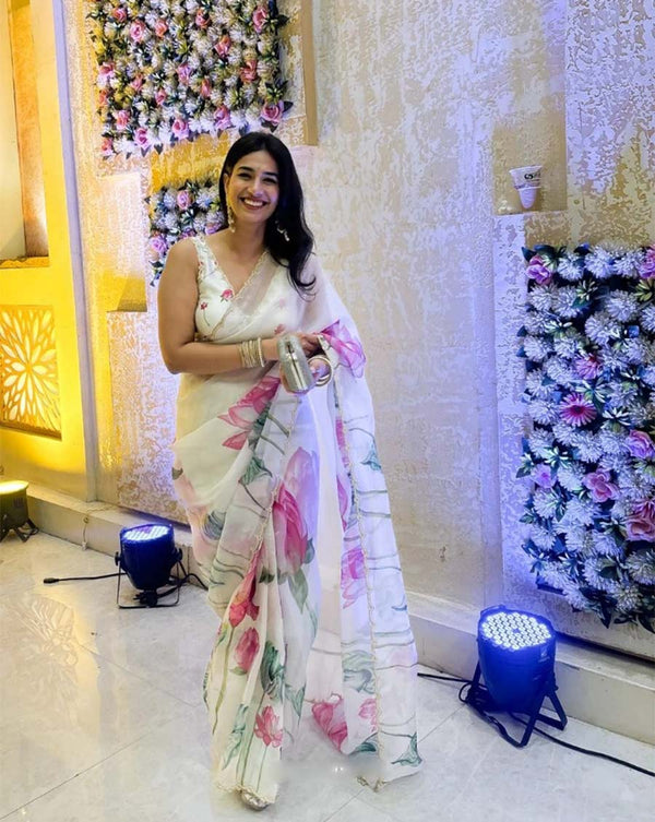 White Color 1-Minute Ready To Wear Organza Silk Saree with Moti Embroidery Work & Stitched Blouse