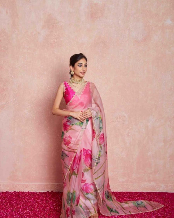 Light Pink Color 1-Minute Ready To Wear Organza Silk Saree with Moti Embroidery Work & Stitched Blouse