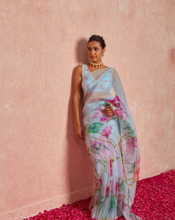 Light Blue Color 1-Minute Ready To Wear Organza Silk Saree with Moti Embroidery Work & Stitched Blouse