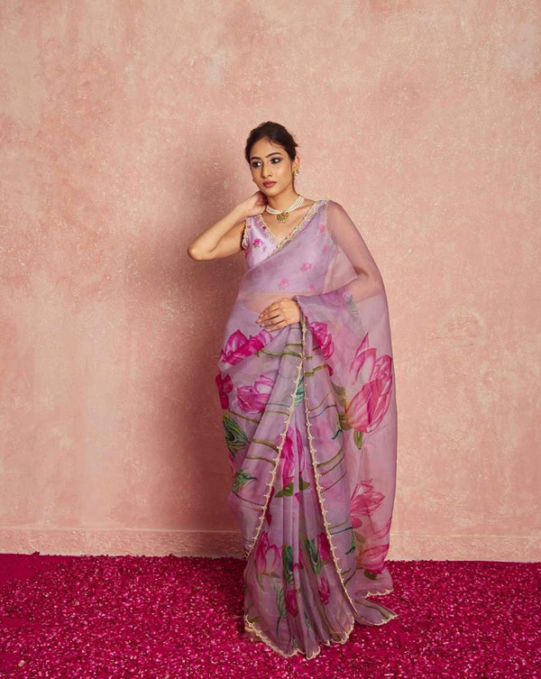 Light Purple Color 1-Minute Ready To Wear Organza Silk Saree with Moti Embroidery Work & Stitched Blouse