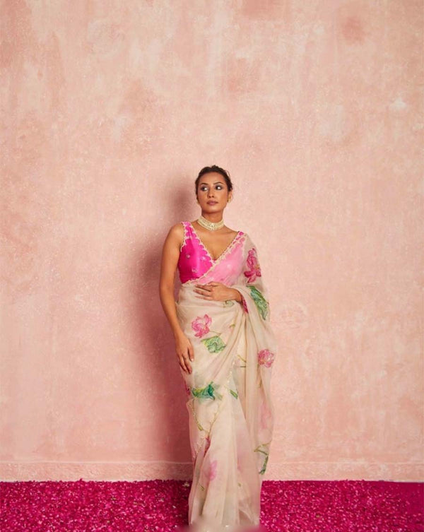 Cream Color 1-Minute Ready To Wear Organza Silk Saree with Moti Embroidery Work & Stitched Blouse