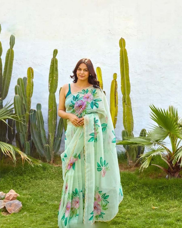 Light Green Color 1-Minute Ready To Wear Organza Silk Saree with Moti Embroidery Work & Stitched Blouse