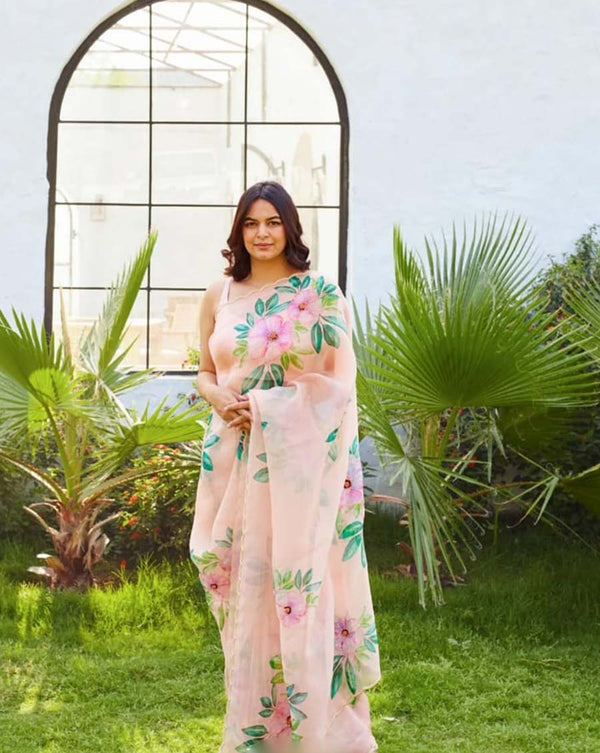 Light Pink Color 1-Minute Ready To Wear Organza Silk Saree with Moti Embroidery Work & Stitched Blouse