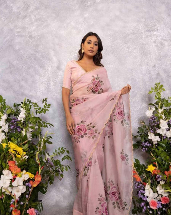Light Pink Color 1-Minute Ready To Wear Organza Silk Saree with Moti Embroidery Work & Stitched Blouse
